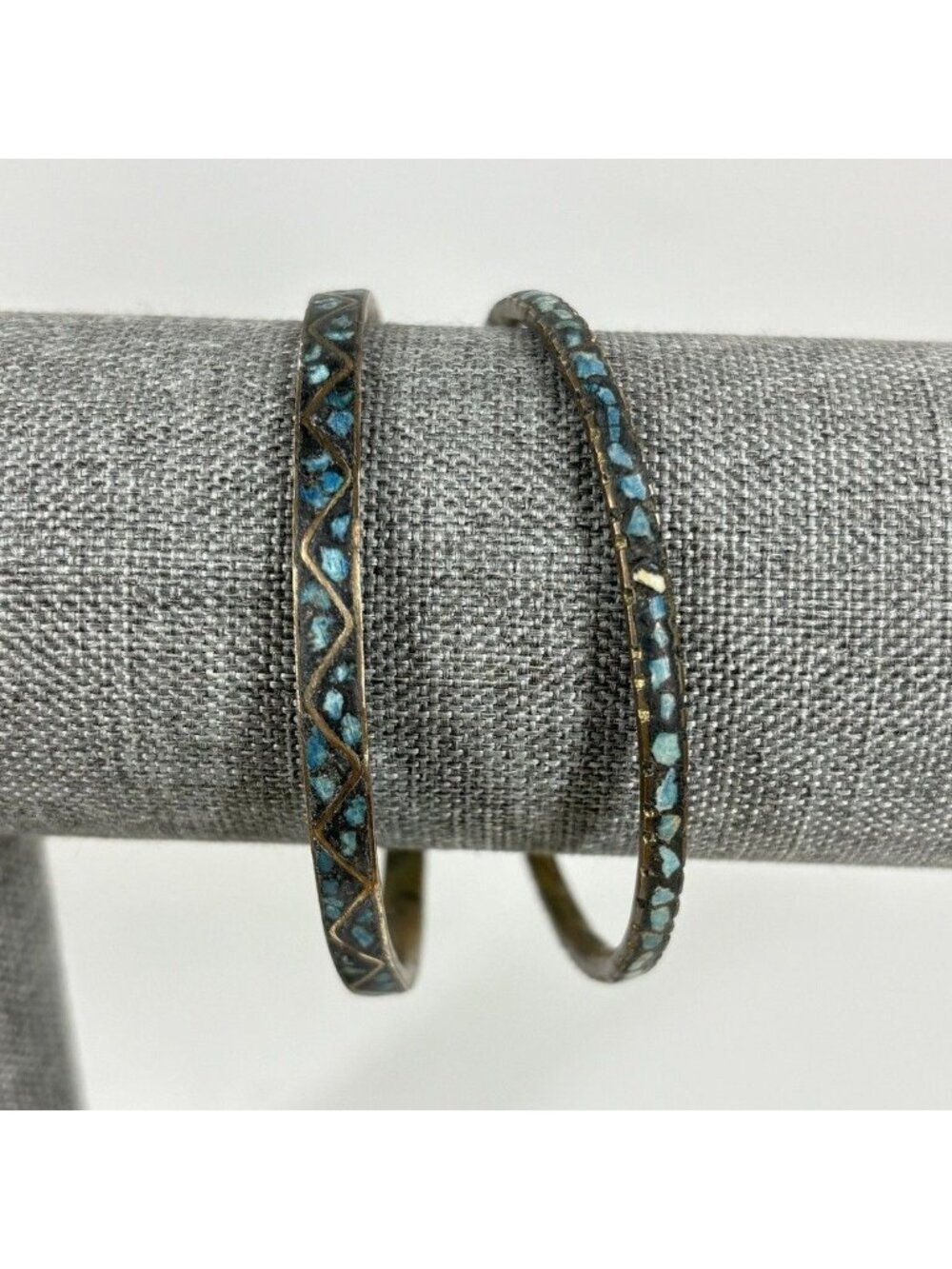 Pair Vintage Brass Bangle Bracelets Turquoise Chip Inlay